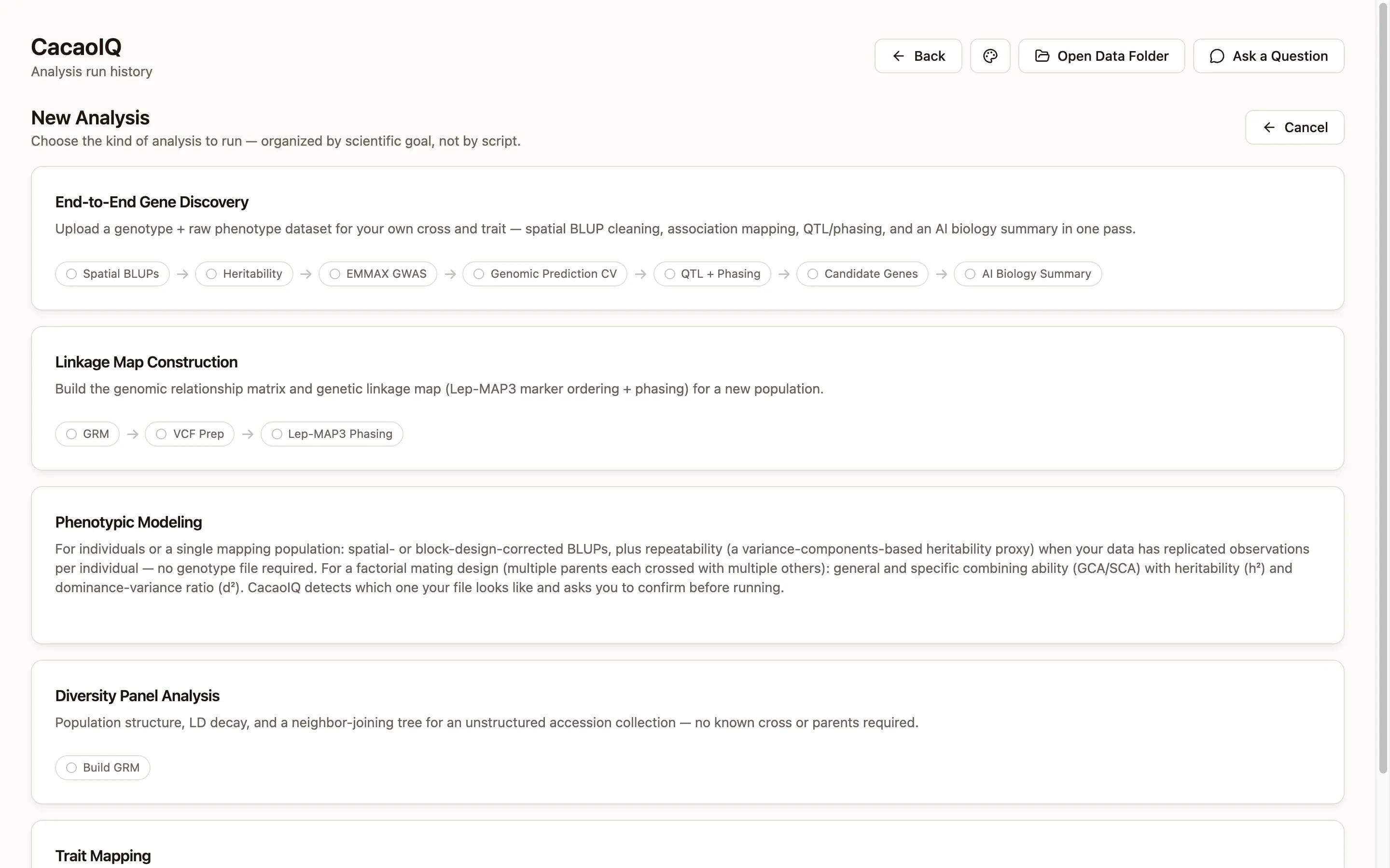 CacaoIQ New Analysis screen listing workflows by scientific goal, each with its pipeline steps
