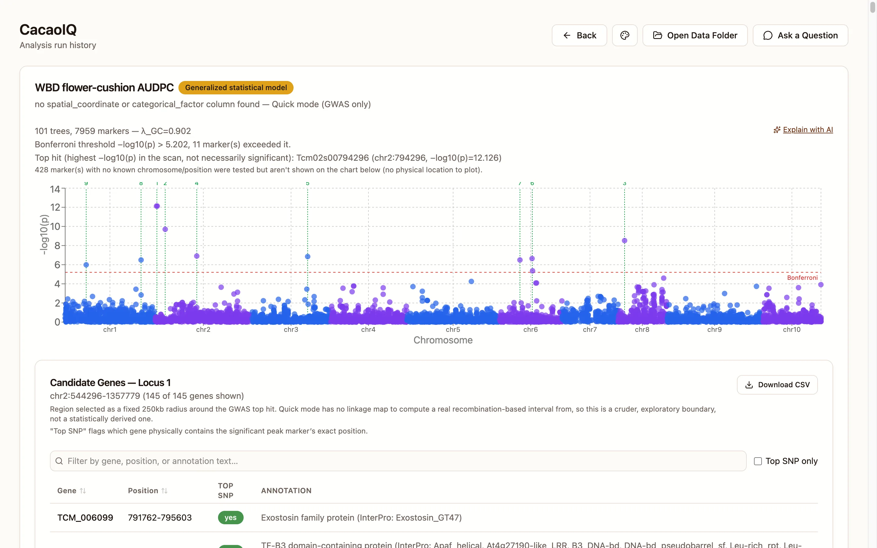 CacaoIQ results screen showing a GWAS Manhattan plot for witches' broom, with significant loci marked and a candidate-gene table below